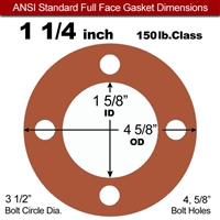 Red SBR Rubber Full Face Gasket - 150 Lb. - 1/16" Thick - 1-1/4" Pipe