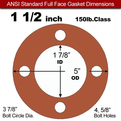 Red SBR Rubber Full Face Gasket - 150 Lb. - 1/16" Thick - 1-1/2" Pipe