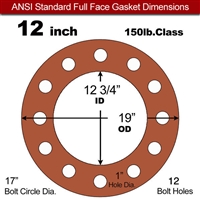 Red SBR Rubber Full Face Gasket - 150 Lb. - 1/16" Thick - 12" Pipe