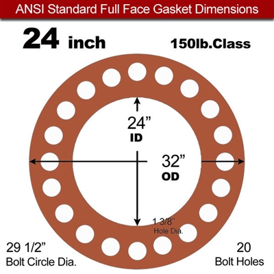 Red SBR Rubber Full Face Gasket - 150 Lb. - 1/16" Thick - 24" Pipe