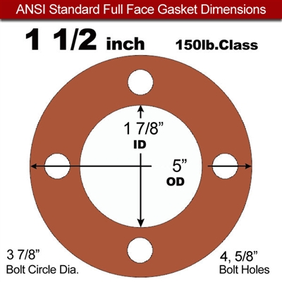 Red SBR Rubber Full Face Gasket - 150 Lb. - 1/8" Thick - 1-1/2" Pipe