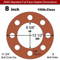 Red SBR Rubber Full Face Gasket - 150 Lb. - 1/8" Thick - 8" Pipe