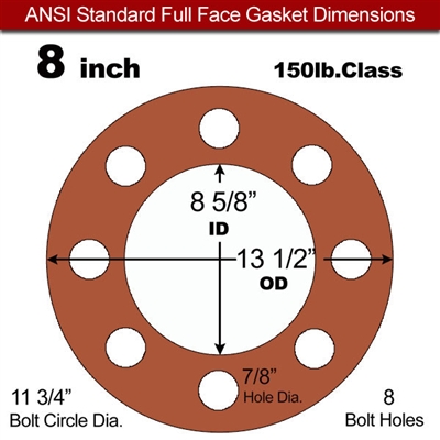 Red SBR Rubber Full Face Gasket - 150 Lb. - 1/8" Thick - 8" Pipe