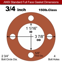 60 Duro Red Silicone Rubber Full Face Gasket - 150 Lb. - 1/16" Thick - 3/4" Pipe