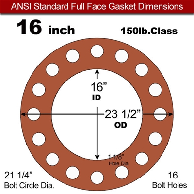 60 Duro Red Silicone Rubber Full Face Gasket - 150 Lb. - 1/16" Thick - 16" Pipe