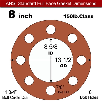 60 Duro Red Silicone Rubber Full Face Gasket - 150 Lb. - 1/16" Thick - 8" Pipe