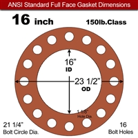 60 Duro Red Silicone Rubber Full Face Gasket - 150 Lb. - 1/8" Thick - 16" Pipe