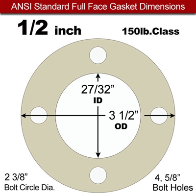 40 Duro Tan Pure Gum Full Face Gasket - 150 Lb. - 1/16" Thick - 1/2" Pipe