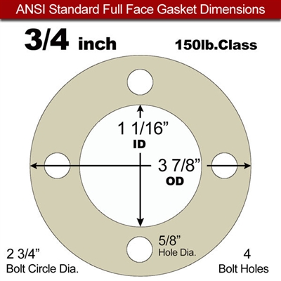 40 Duro Tan Pure Gum Full Face Gasket - 150 Lb. - 1/16" Thick - 3/4" Pipe