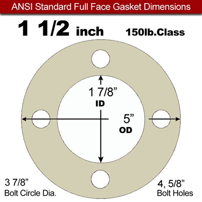 40 Duro Tan Pure Gum Full Face Gasket - 150 Lb. - 1/16" Thick - 1-1/2" Pipe