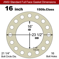 40 Duro Tan Pure Gum Full Face Gasket - 150 Lb. - 1/16" Thick - 16" Pipe