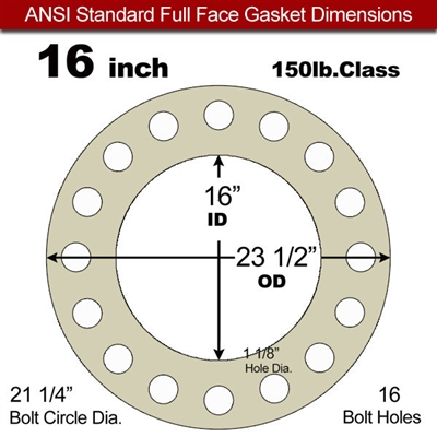 40 Duro Tan Pure Gum Full Face Gasket - 150 Lb. - 1/16" Thick - 16" Pipe