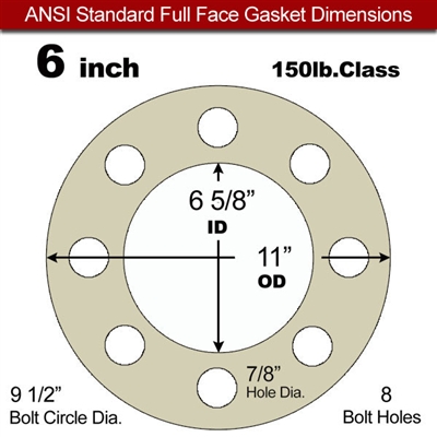 40 Duro Tan Pure Gum Full Face Gasket - 150 Lb. - 1/16" Thick - 6" Pipe