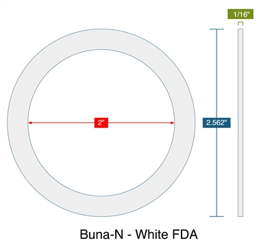 60 Duro White FDA Nitrile (Buna-N) Ring Gasket - 2" ID x 2-9/16" OD x 1/4" Thick