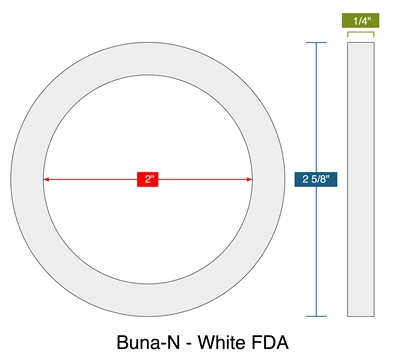 60 Duro White FDA Nitrile (Buna-N) Ring Gasket - 2" ID x 2-5/8" OD x 1/4" Thick