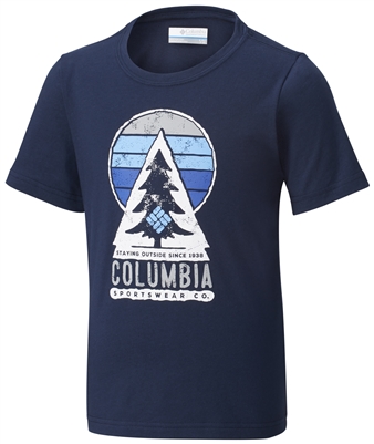 COLUMBIA YOUTH OUTDOOR ELEMENTS SHORT SLEEVE SHIRT COLLEGIATE NAVY TREE GRAPHIC