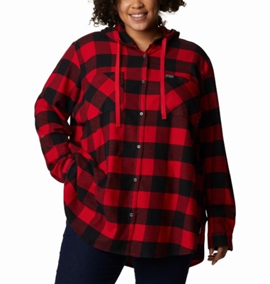 COLUMBIA WOMEN ANYTIME STRETCH HOODED LS SHIRT MOUNTAIN RED BUFFALO CHECK - PLUS SIZE