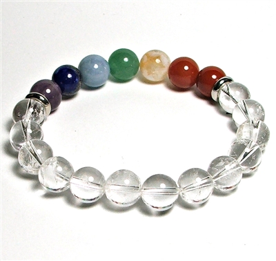 CR10-7-10mm- 7 CHAKRA STONE BRACELET IN CLEAR QUARTZ