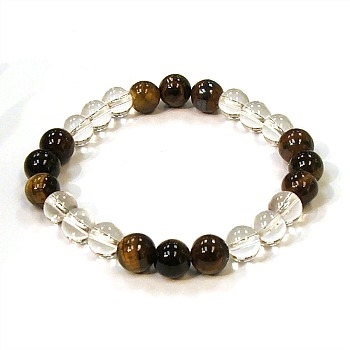 CR10-CR60-B-8mm TWO COLOR STONE BRACELET IN CLEAR QUARTZ & TIGER EYE