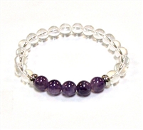 CR10-CR11-5A 8mm TWO COLOR STONE BRACELET IN CLEAR QUARTZ & AMETHYST