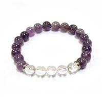 CR10-CR11-5B 8mm TWO COLOR STONE BRACELET IN CLEAR QUARTZ & AMETHYST