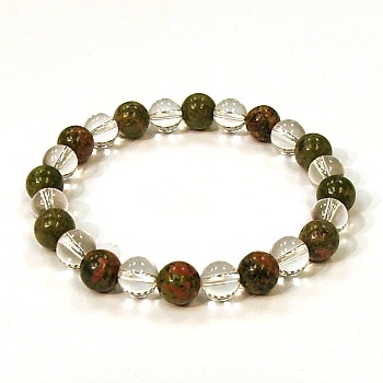 CR10-CR42-A-8mm TWO COLOR STONE BRACELET IN CLEAR CRYSTAL & UNAKITE