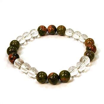 CR10-CR42-B-8mm TWO COLOR STONE BRACELET IN CLEAR CRYSTAL & UNAKITE