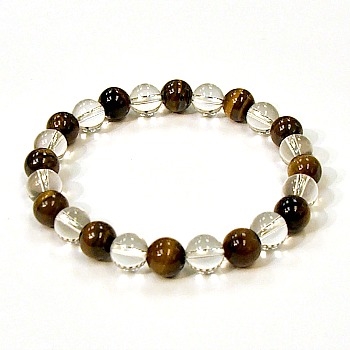 CR10-CR60-A  8mm TWO COLOR STONE BRACELET IN CLEAR QUARTZ & TIGER EYE