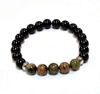 CR42-CR44-5A 8mm TWO COLOR STONE BRACELET IN UNAKITE & ONYX