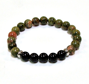 CR42-CR44-5B 8mm TWO COLOR STONE BRACELET IN UNAKITE & ONYX
