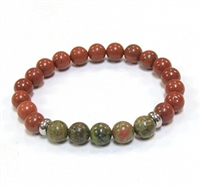 CR42-CR46-5A 8mm TWO COLOR STONE BRACELET IN UNAKITE & RED JASPER