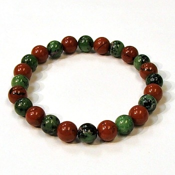 CR46-CRB104-A-8mm TWO COLOR STONE BRACELET IN RED JASPER & RUBY ZOISITE