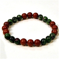 CR46-CRB104-B-8mm TWO COLOR STONE BRACELET IN RED JASPER & RUBY ZOISITE