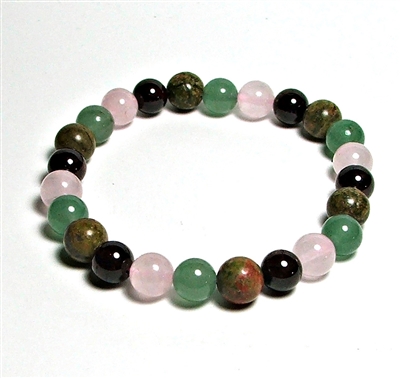CRB622-8mm STONE BRACELET IN ROSE QUARTZ, AENTURINE, UNAKITE & GARNET,