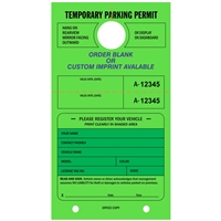 TEMPORARY PARKING PERMIT W/Custom Imprint  of Name/Address - Mirror Hang Tag numbered and with Tear-off Stub.  Fluorescent Green, 50/Pack