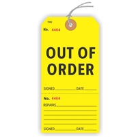 OUT OF ORDER, Numbered 2 Places, 5.75" x 2.875", Yellow Paper,1 Stub, Looped String, Pack of 100