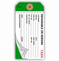 REPAIRABLE/REWORK, 4.75" x 2.375", White/White on Dark Green Paper,3-Ply, Plain, Box of 500