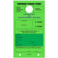 TEMPORARY PARKING PERMIT - Mirror Hang Tag numbered and with Tear-off Stub.  Fluorescent Green, 50/Pack