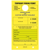 TEMPORARY PARKING PERMIT - Mirror Hang Tag numbered and with Tear-off Stub.  Fluorescent Yellow, 50/Pack