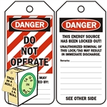 <!010>DANGER, Do Not Operate, 6-1/4" x 3", White Polypropylene, In-a-Box of 100