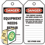 <!010>DANGER, Equipment Needs Repair, 6-1/4" x 3", White Polypropylene, In-a-Box of 100