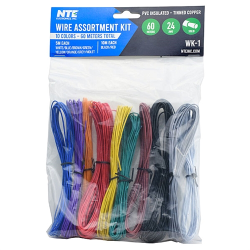 WK-1 NTE Wire Assortment Kit Solid 24AWG 10 colors 60 meters total PVC insulated tinned copper
