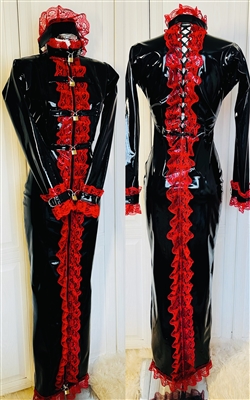Misfitz black PVC &  red lace padlock hobble dress with lace up back