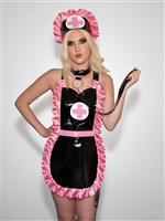 Misfitz black PVC & pink satin Nurse apron, hat plus choker with lead.