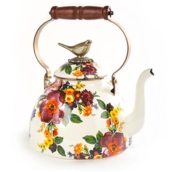 MacKenzie-Childs Flower Market 3 Quart Tea Kettle With Bird - White