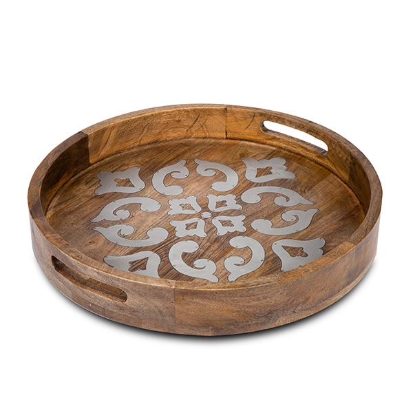 The GG Collection Wood and Metal 20" Round Tray