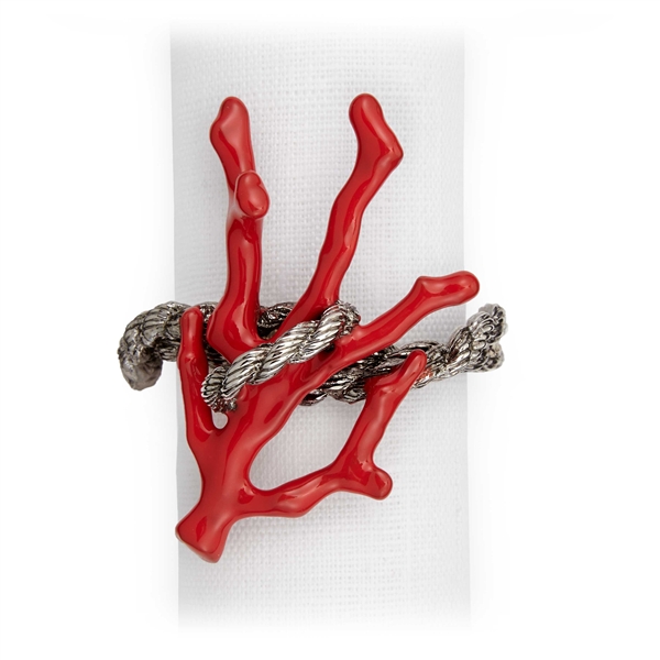 L'Objet Platinum Rope Napkin Rings, Enamel Coral Set/4