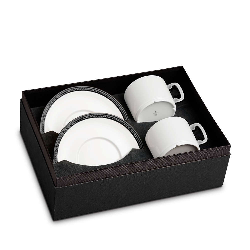 L'Objet Soie Tressee Black Tea Cup + Saucer Gift Box of 2