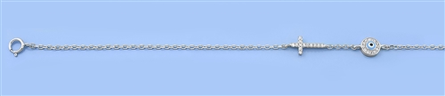 Silver CZ Anklet - Cross & Evil Eye