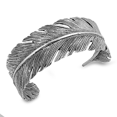Silver Bangle Bracelet - Feather